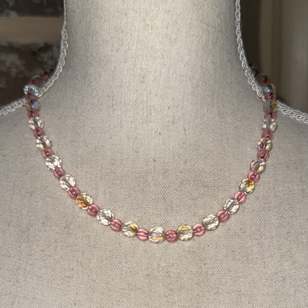Vintage Pink and Clear Glass Faceted Iridescent Opalescent Beaded Necklace